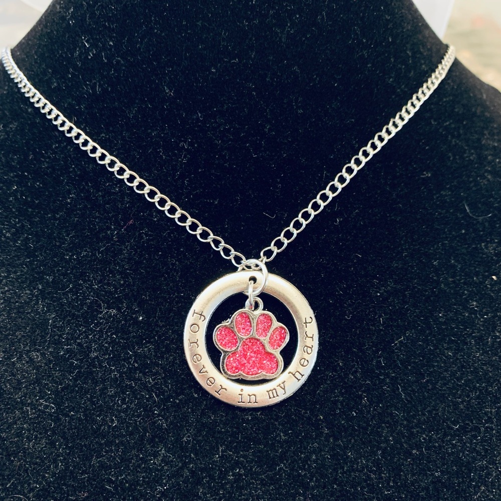 Pet Memorial “Forever in my heart” necklace with crystal paw print charm